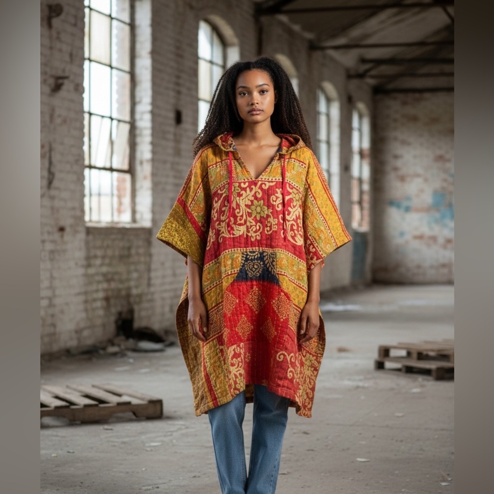 KANTHA Hooded Poncho ITEM 108 BOHO COMFY with pockets, handmade reversible OS - Picture 4 of 9